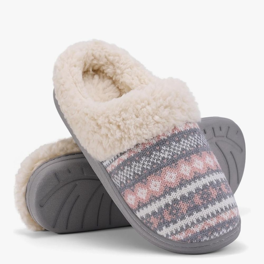 Evshine Warn Knit Cozy Fleece Lined Gray and Pink Women's Slippers Size 11/12
